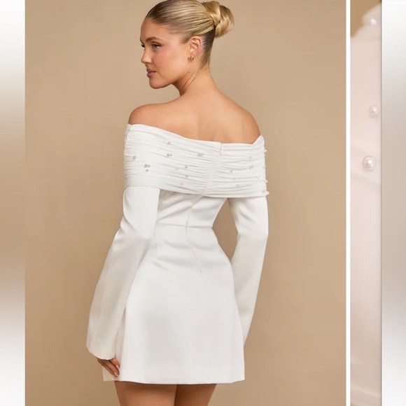 Pearl Trim Bardot Mini Dress - White - Picture 4 of 5